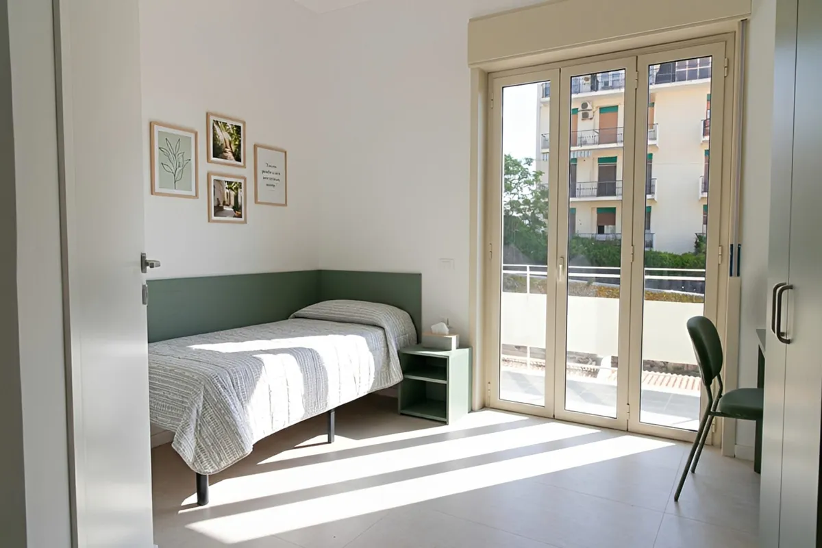 Habitación individual con cama, mesita y puerta ventana al balcón